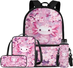 Pink Axolotl Backpacks for Girls Cute 5Th Grade Kids Bookbag with Lunch Box Boys Water Bottle Holder and Comfy Pencil Box 4 in 1 School Bag for Kids Primary School Bags