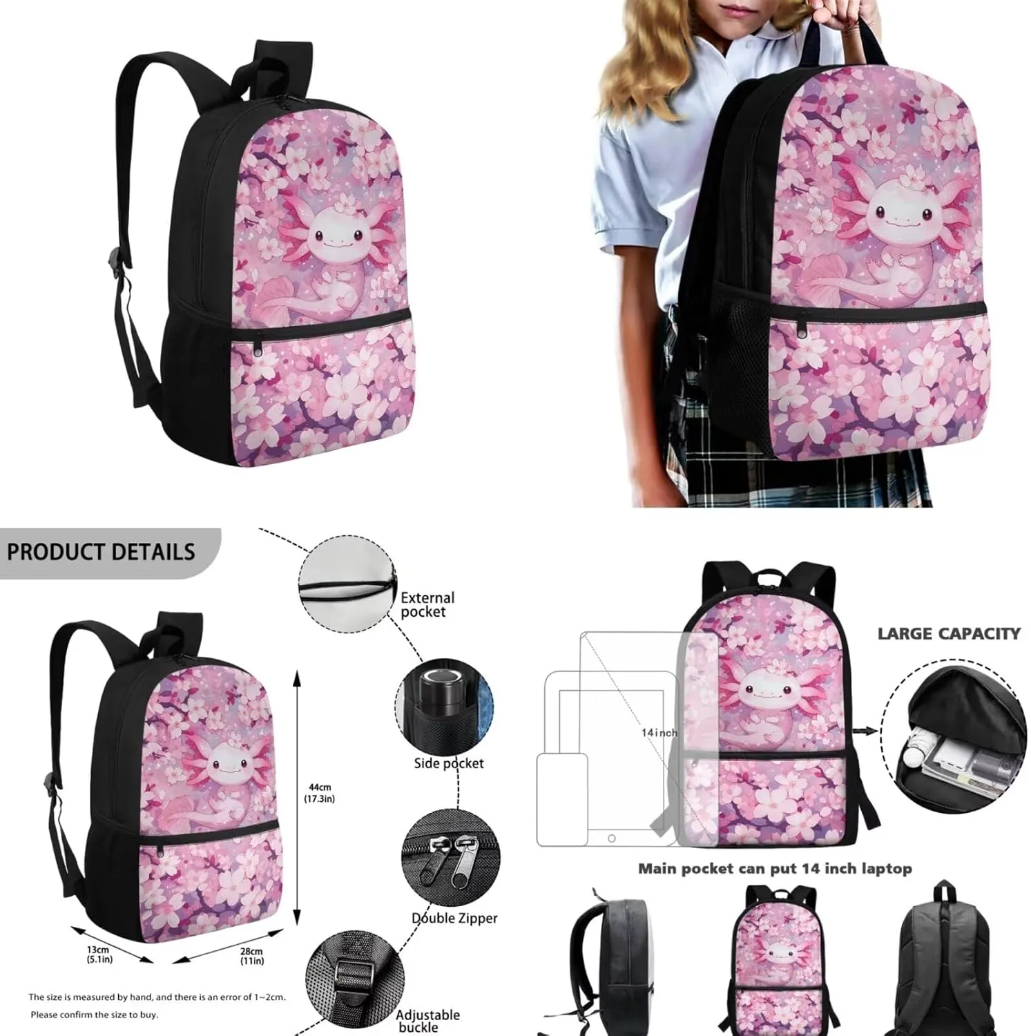 Pink Axolotl Backpacks for Girls Cute 5Th Grade Kids Bookbag with Lunch Box Boys Water Bottle Holder and Comfy Pencil Box 4 in 1 School Bag for Kids Primary School Bags