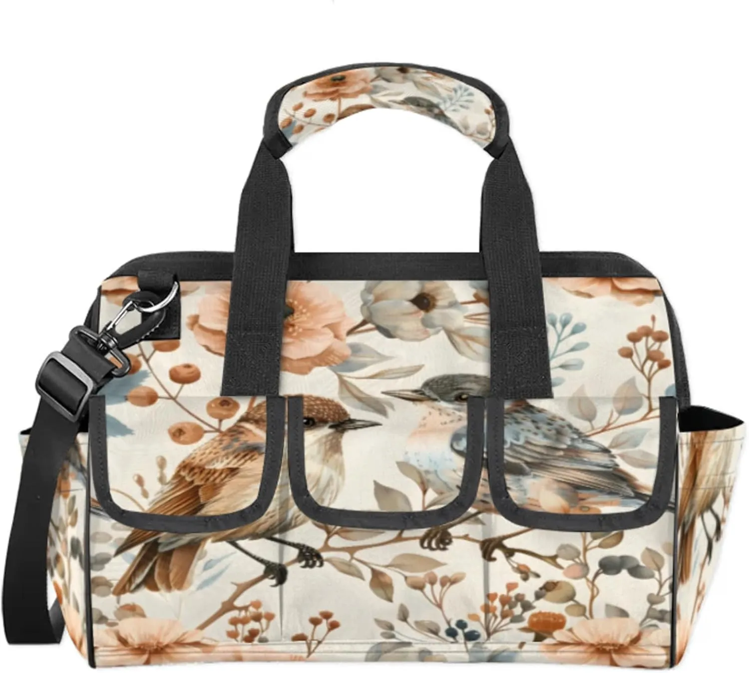 Pink Flower Bird Tool Bag – Heavy-Duty Multi-Pocket 14  Pockets (6 Inner   6 Outer   2 Side), Removable Shoulder Strap, for Construction, Gardening, Camping, Travel – 14.8 x 9.1 x 10 Inches