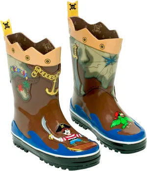 Pirate Brown Rubber Rain Boots With Fun Crossbones Pull On Heel Tab