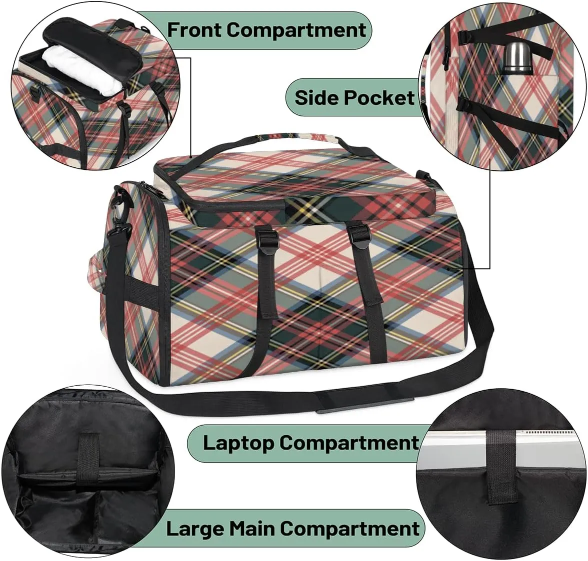 Plaid Convertible Tote Duffle Backpack Sport Gym Bag with Shoes Compartment, Weekender Travel Hiking Camping-Overnight Rucksack Laptop Bags for Outdoor Indoor