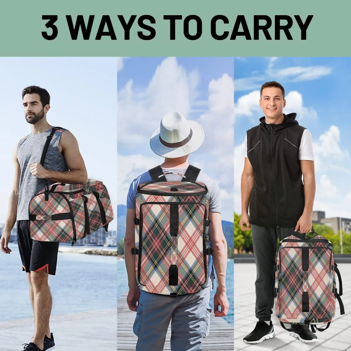 Plaid Convertible Tote Duffle Backpack Sport Gym Bag with Shoes Compartment, Weekender Travel Hiking Camping-Overnight Rucksack Laptop Bags for Outdoor Indoor
