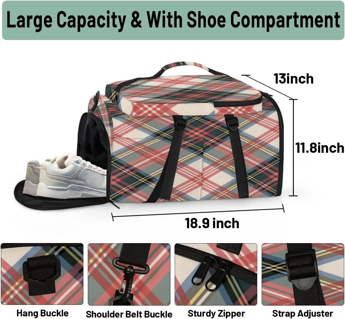 Plaid Convertible Tote Duffle Backpack Sport Gym Bag with Shoes Compartment, Weekender Travel Hiking Camping-Overnight Rucksack Laptop Bags for Outdoor Indoor