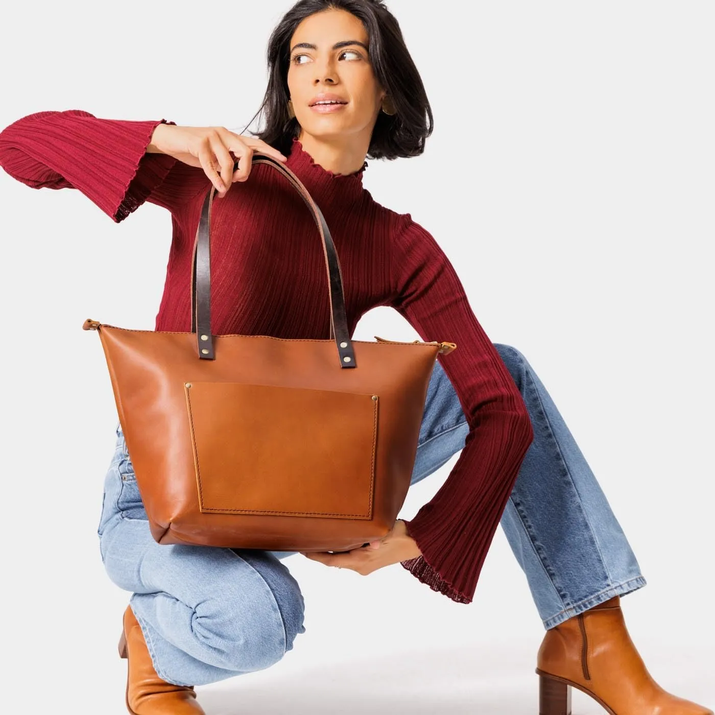 Portland Leather Goods Medium Zipper Tote Bag – Handmade, Durable & Unlined – Interior & Exterior Pockets