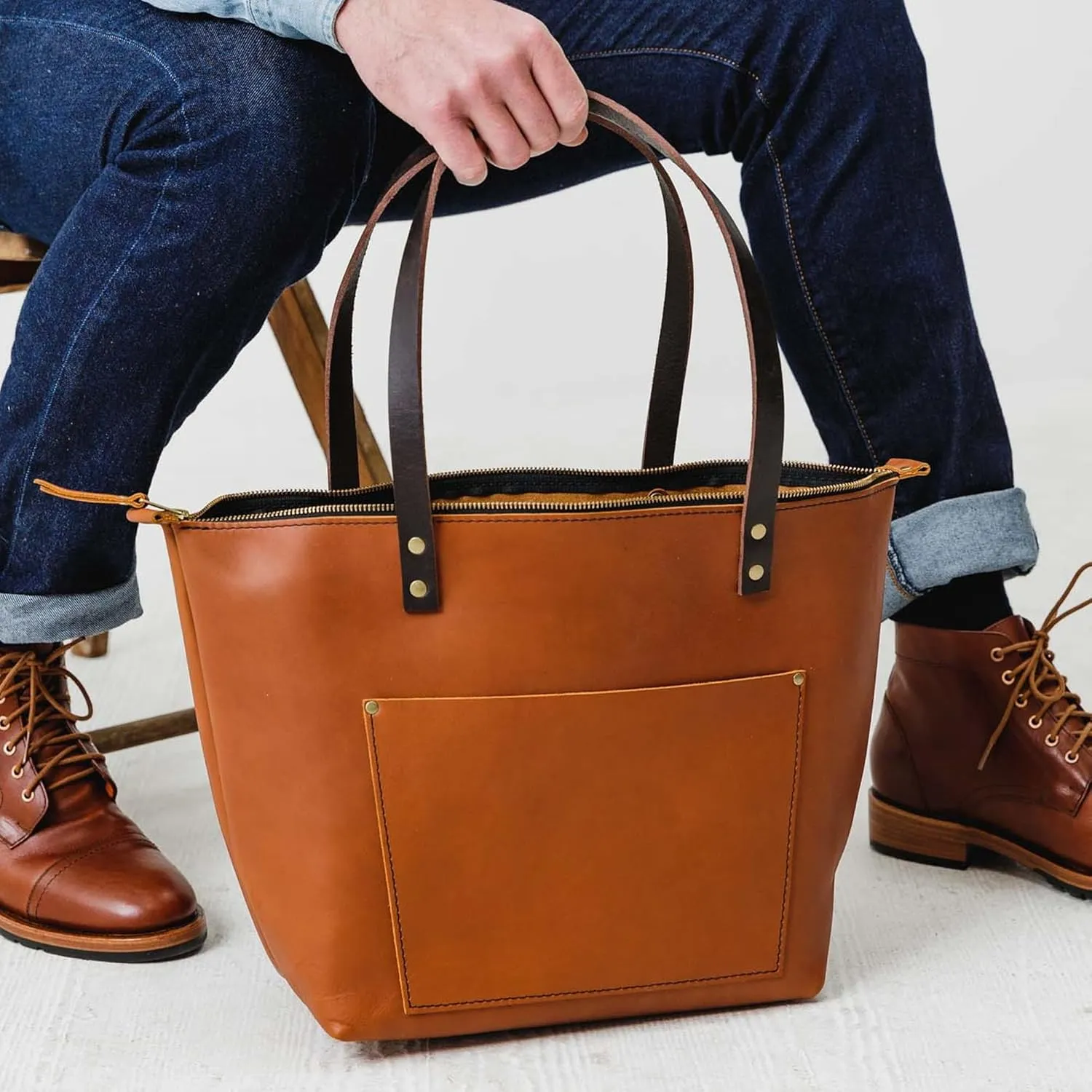 Portland Leather Goods Medium Zipper Tote Bag – Handmade, Durable & Unlined – Interior & Exterior Pockets