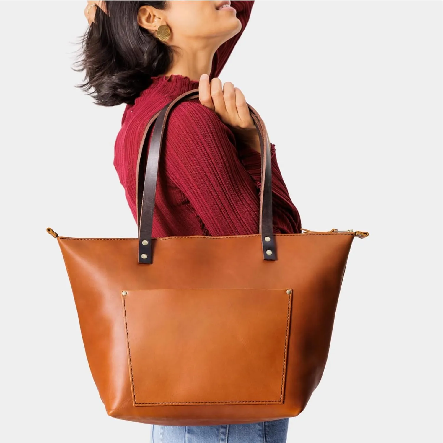 Portland Leather Goods Medium Zipper Tote Bag – Handmade, Durable & Unlined – Interior & Exterior Pockets