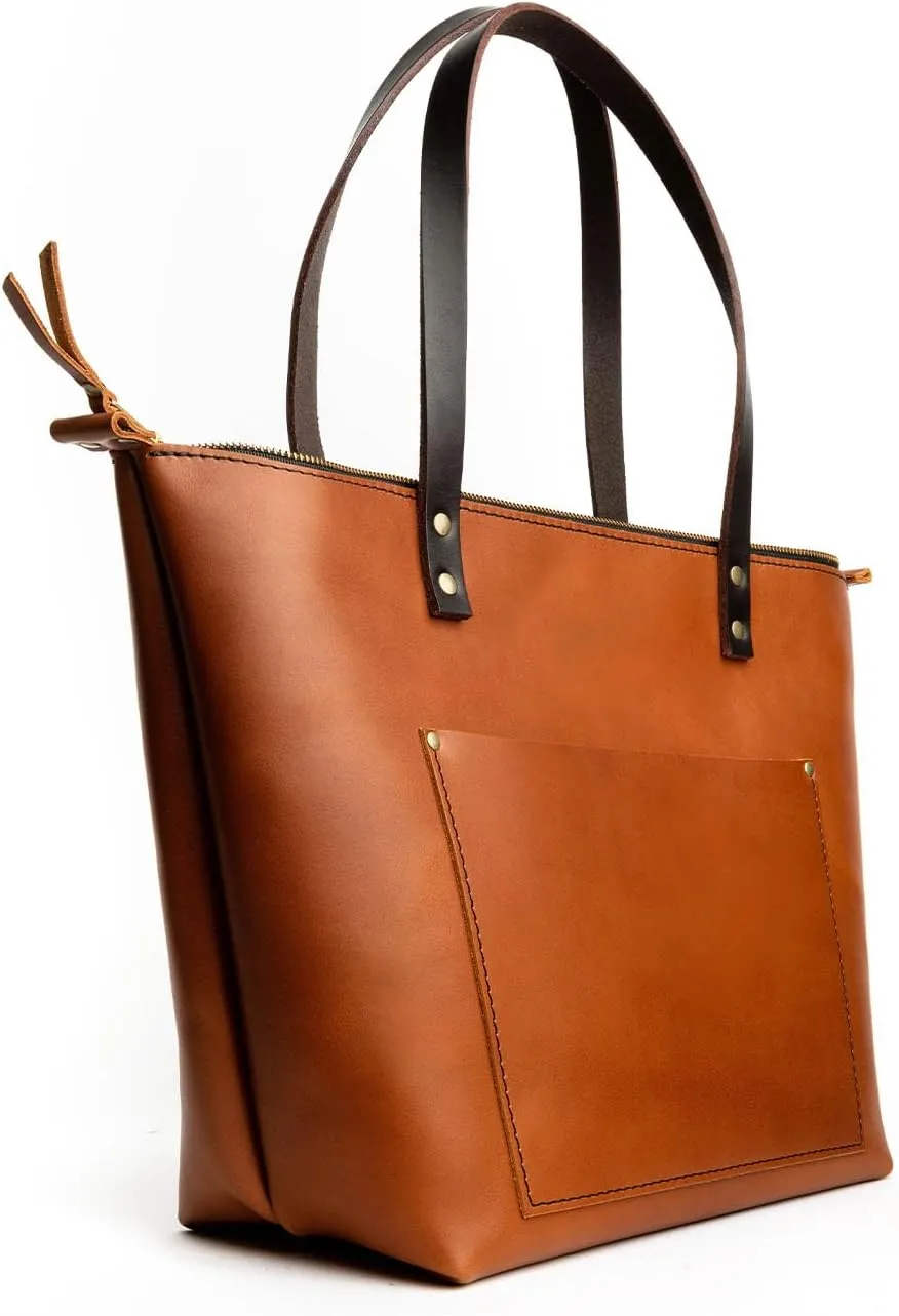 Portland Leather Goods Medium Zipper Tote Bag – Handmade, Durable & Unlined – Interior & Exterior Pockets