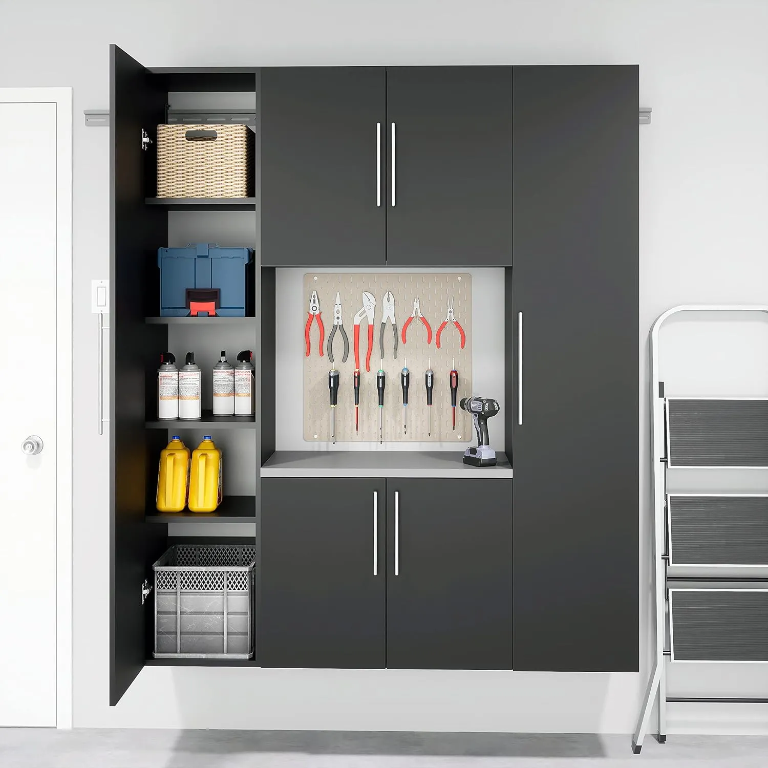Prepac HangUps 2-Door Wall Mounted Garage Base Storage Cabinet, Work Table Storage Organizer Cabinet, 30" W x 24" H x 16" D, Black