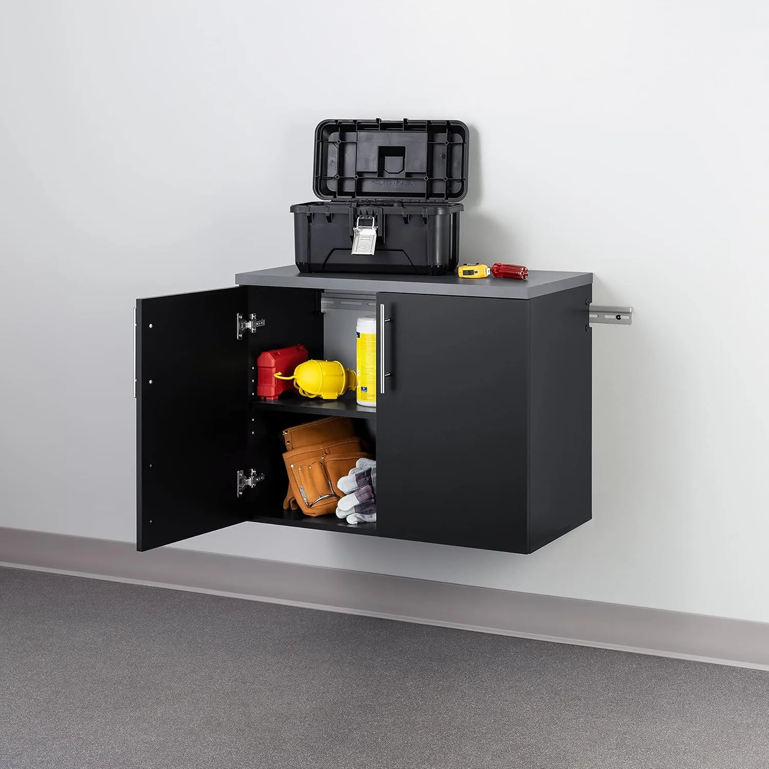 Prepac HangUps 2-Door Wall Mounted Garage Base Storage Cabinet, Work Table Storage Organizer Cabinet, 30" W x 24" H x 16" D, Black