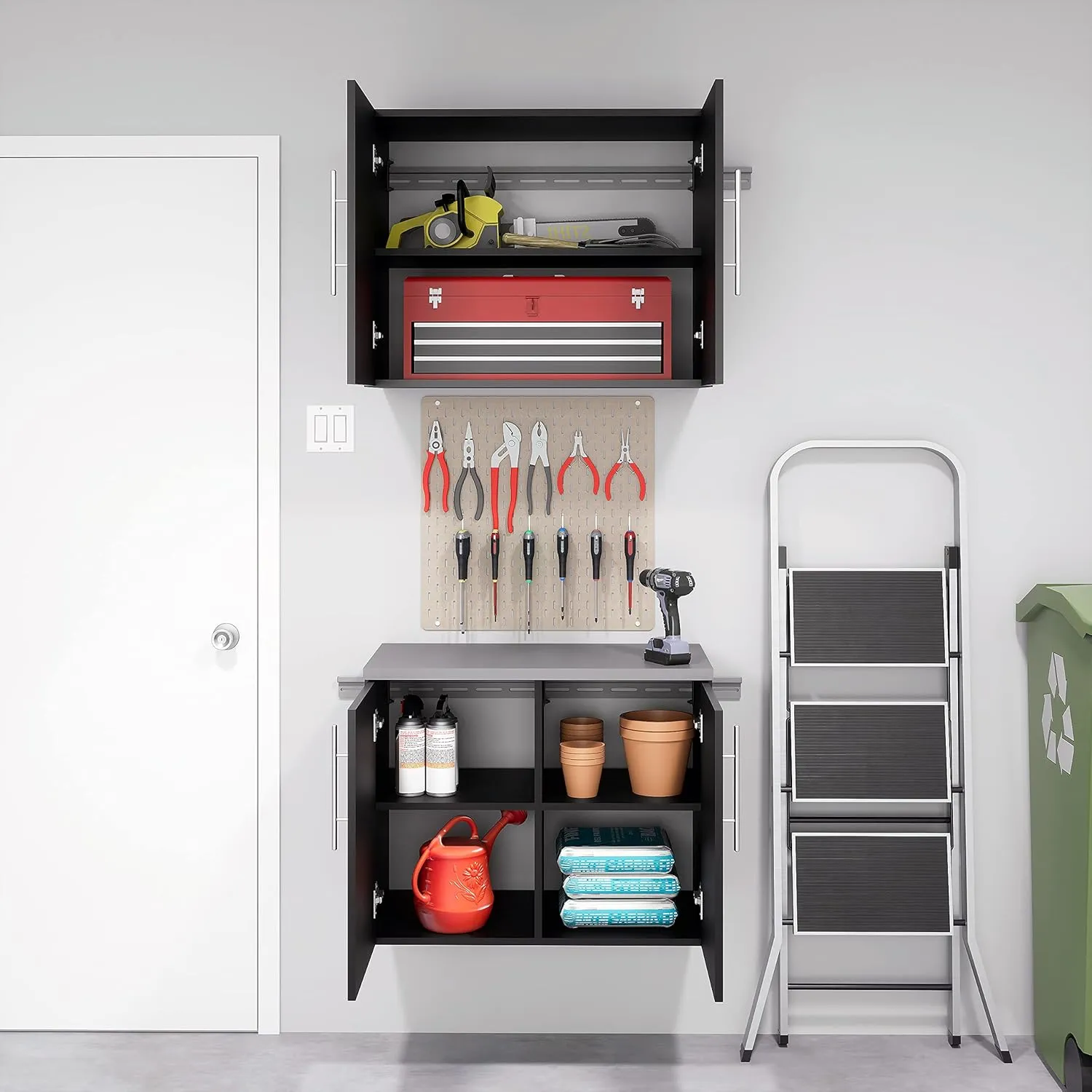 Prepac HangUps 2-Door Wall Mounted Garage Base Storage Cabinet, Work Table Storage Organizer Cabinet, 30" W x 24" H x 16" D, Black