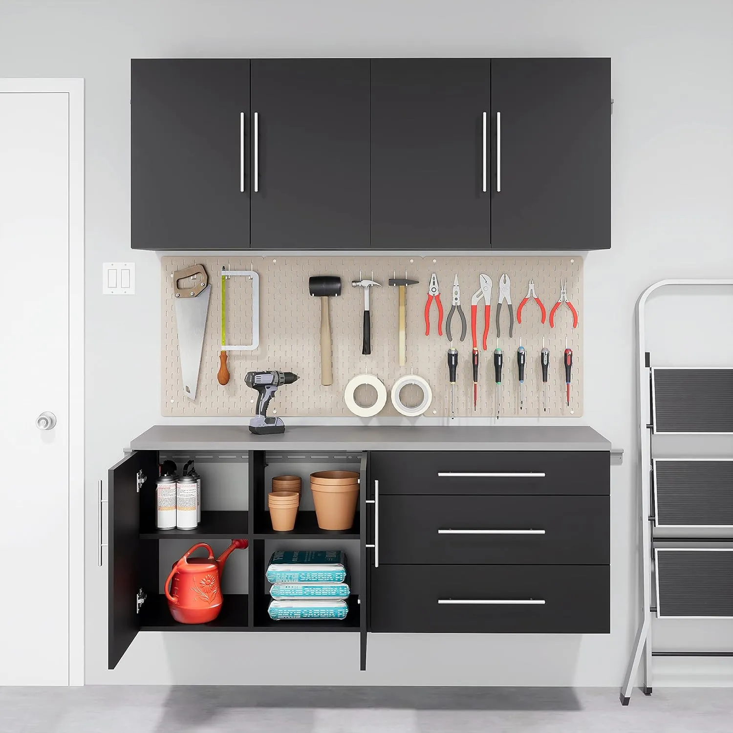 Prepac HangUps 2-Door Wall Mounted Garage Base Storage Cabinet, Work Table Storage Organizer Cabinet, 30" W x 24" H x 16" D, Black