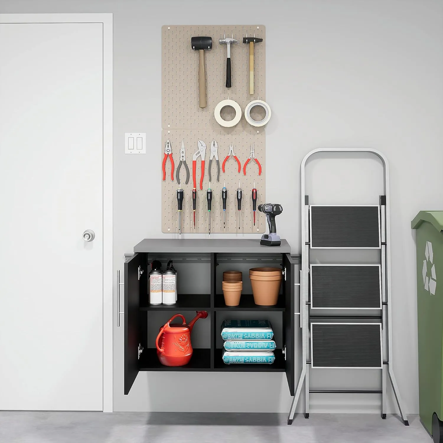 Prepac HangUps 2-Door Wall Mounted Garage Base Storage Cabinet, Work Table Storage Organizer Cabinet, 30" W x 24" H x 16" D, Black