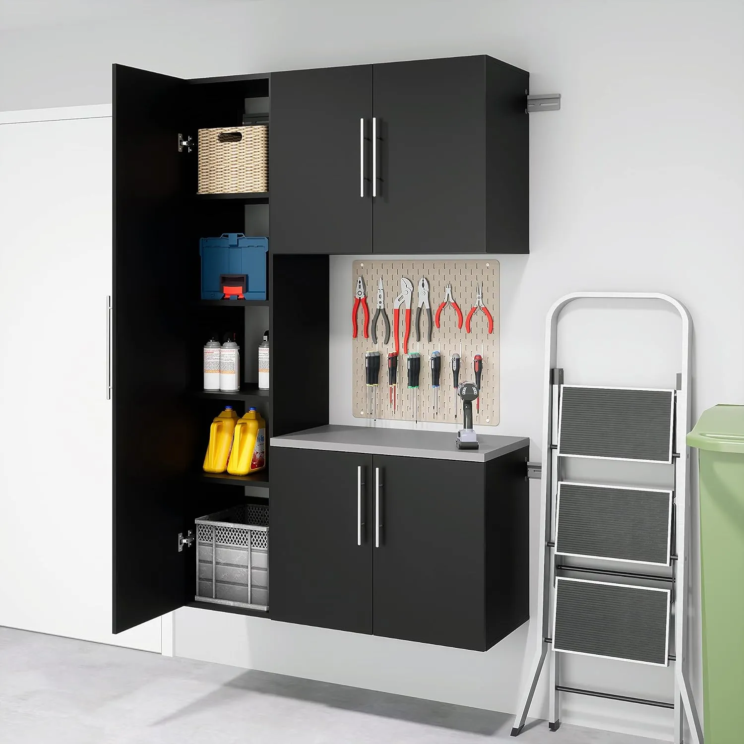 Prepac HangUps 2-Door Wall Mounted Garage Base Storage Cabinet, Work Table Storage Organizer Cabinet, 30" W x 24" H x 16" D, Black