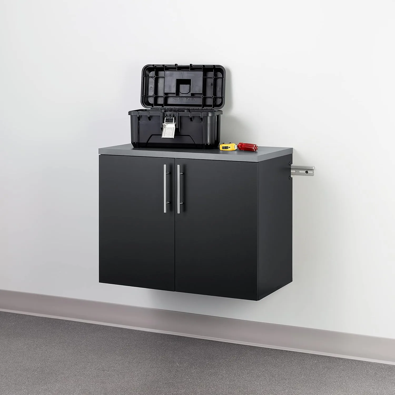 Prepac HangUps 2-Door Wall Mounted Garage Base Storage Cabinet, Work Table Storage Organizer Cabinet, 30" W x 24" H x 16" D, Black