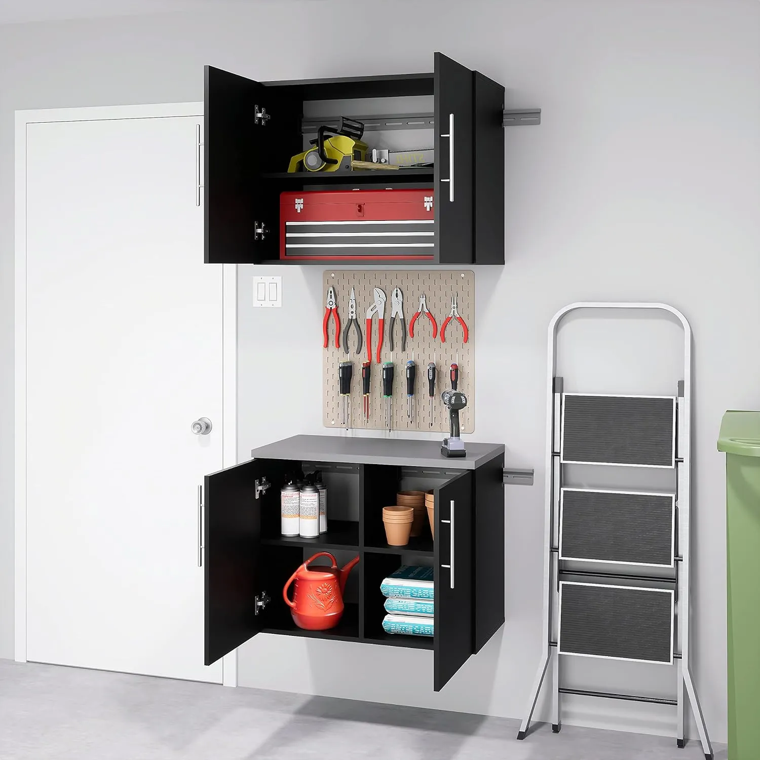 Prepac HangUps 2-Door Wall Mounted Garage Base Storage Cabinet, Work Table Storage Organizer Cabinet, 30" W x 24" H x 16" D, Black
