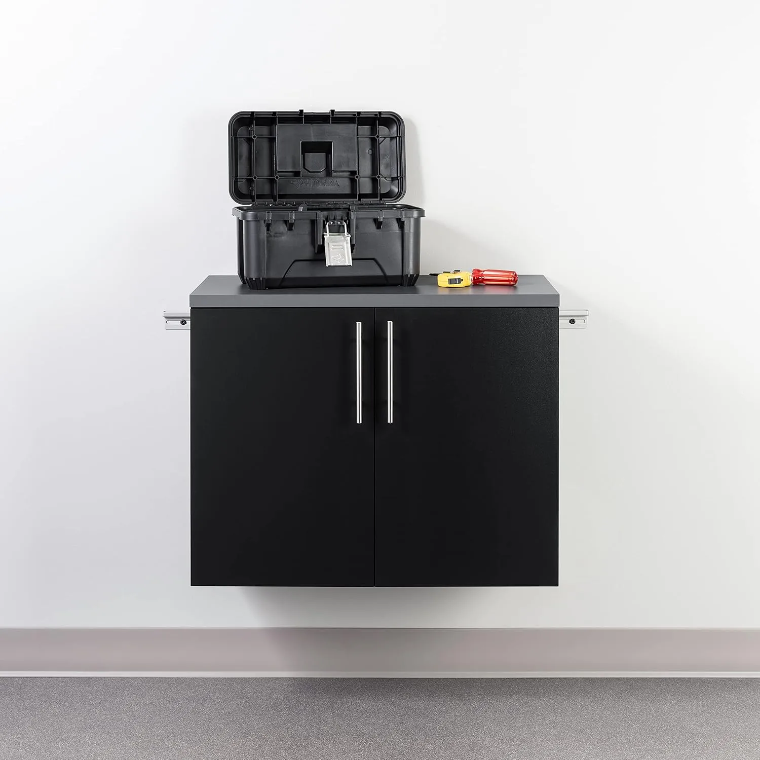 Prepac HangUps 2-Door Wall Mounted Garage Base Storage Cabinet, Work Table Storage Organizer Cabinet, 30" W x 24" H x 16" D, Black