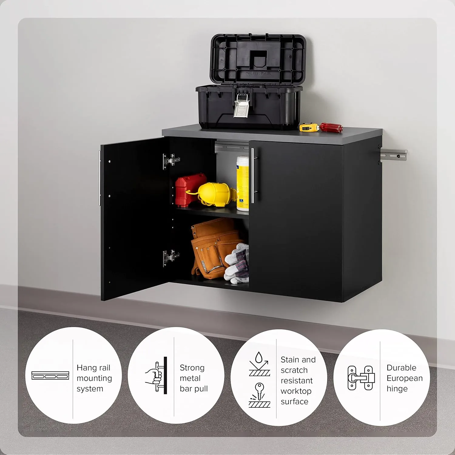 Prepac HangUps 2-Door Wall Mounted Garage Base Storage Cabinet, Work Table Storage Organizer Cabinet, 30" W x 24" H x 16" D, Black