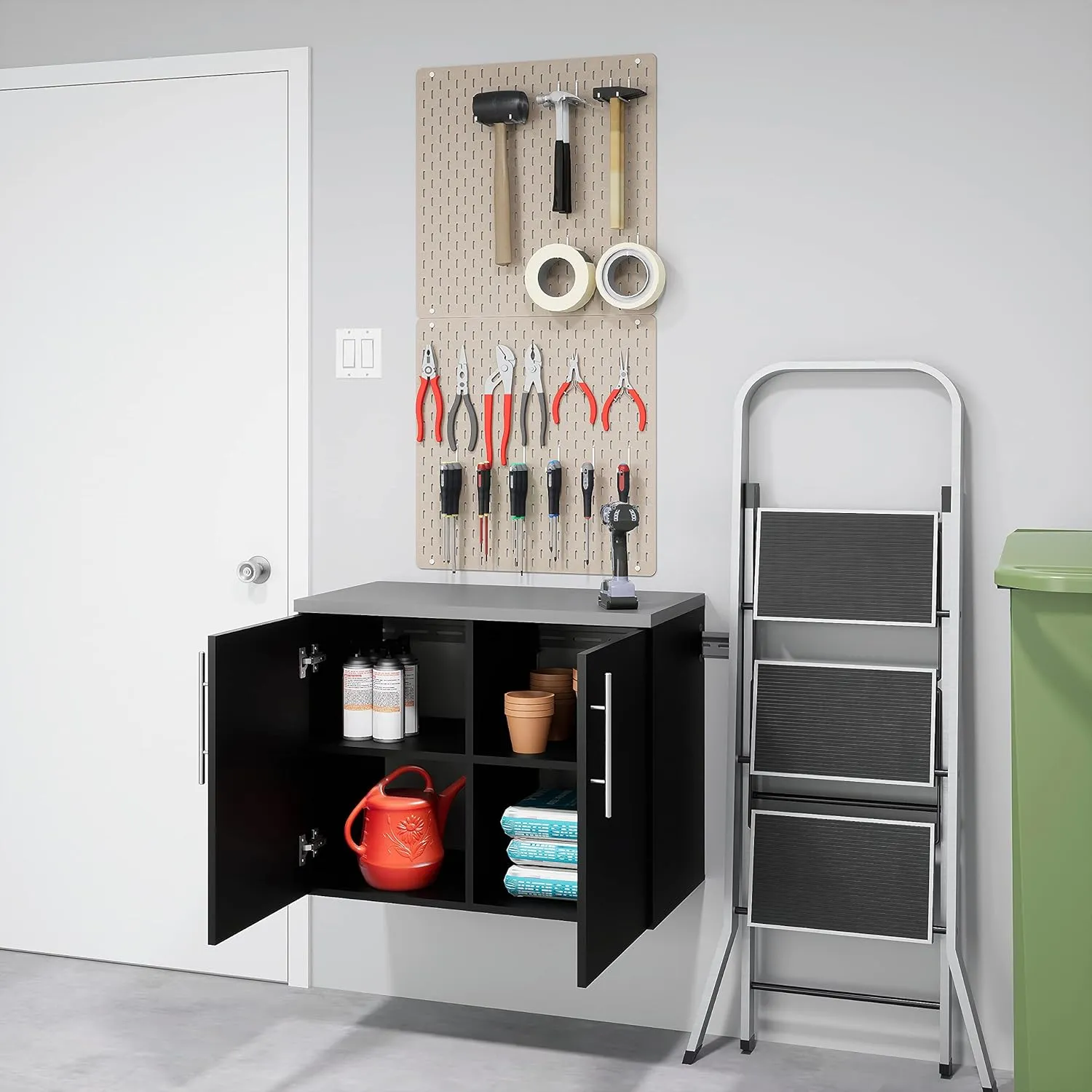 Prepac HangUps 2-Door Wall Mounted Garage Base Storage Cabinet, Work Table Storage Organizer Cabinet, 30" W x 24" H x 16" D, Black