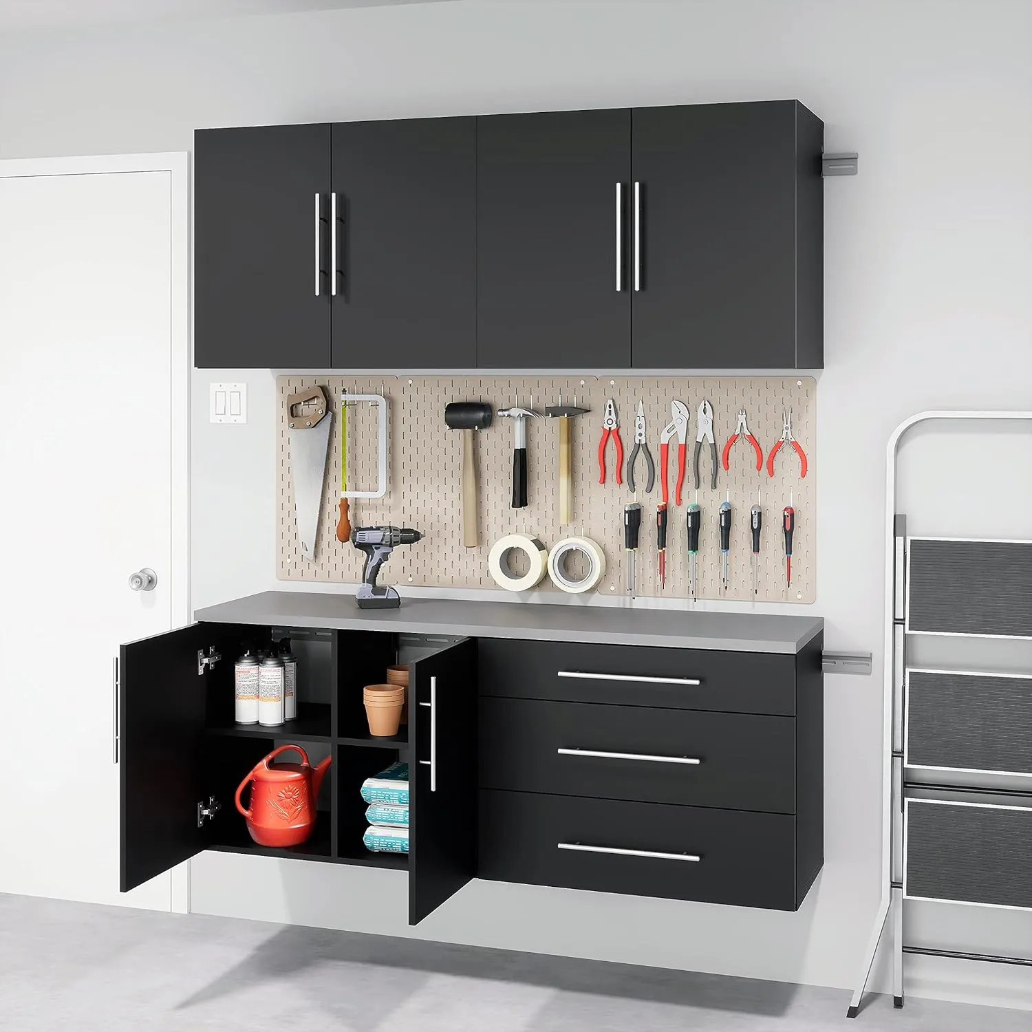 Prepac HangUps 2-Door Wall Mounted Garage Base Storage Cabinet, Work Table Storage Organizer Cabinet, 30" W x 24" H x 16" D, Black