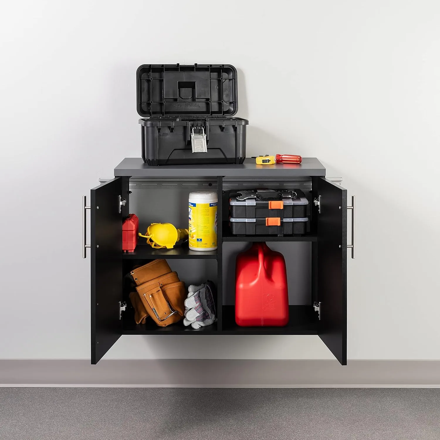 Prepac HangUps 2-Door Wall Mounted Garage Base Storage Cabinet, Work Table Storage Organizer Cabinet, 30" W x 24" H x 16" D, Black