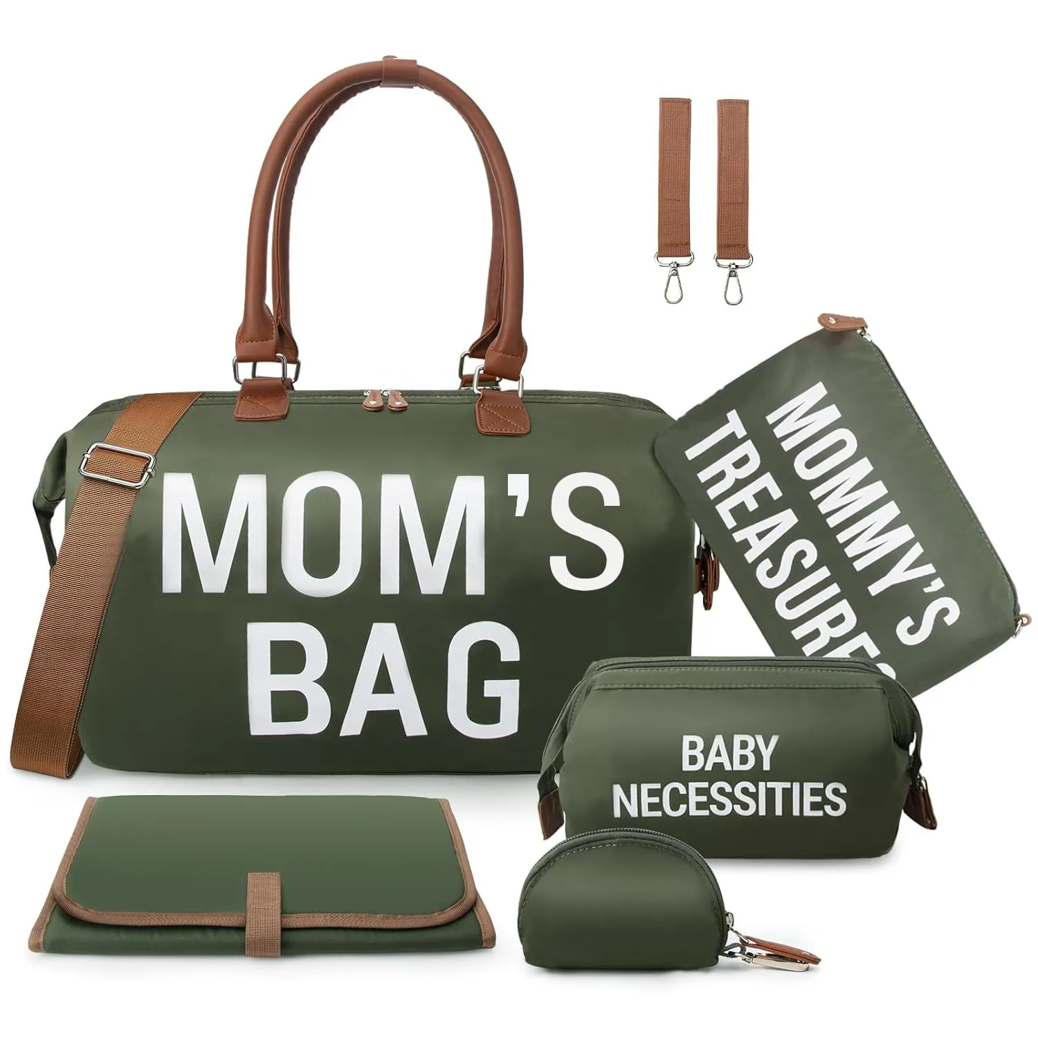printe 6pcs Large Diaper Bag Tote with Changing Pad & 2 Organized Pouches, Mom's Bag for Hospital with Pacifier Case, Straps, Stroller Hook, Baby Diaper Bag for Weekender Travel, Olive Green