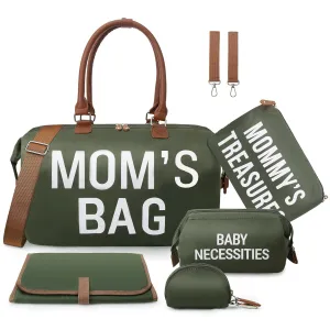 printe 6pcs Large Diaper Bag Tote with Changing Pad & 2 Organized Pouches, Mom's Bag for Hospital with Pacifier Case, Straps, Stroller Hook, Baby Diaper Bag for Weekender Travel, Olive Green