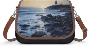PU Leather Crossbody Bag,The Seaside Lighthouse Print Shoulder Bag,Flapover Crossbody Bag