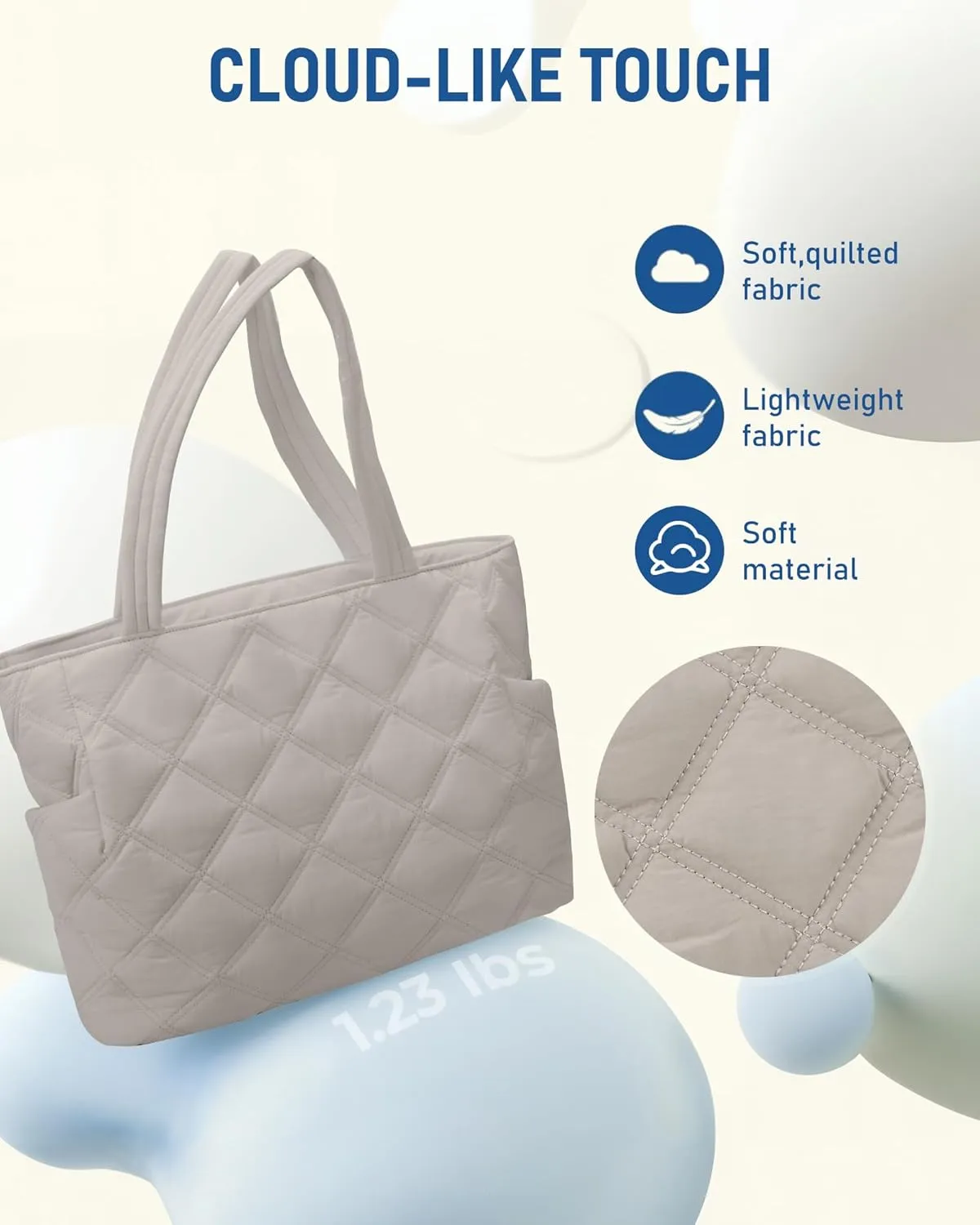 Puffer Work Tote Bag for Women, Lightweight Puffy Large Tote Bag with Compartments Shoulder Bag for Teacher Travel Gifts for Laides, Light-Grey