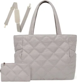 Puffer Work Tote Bag for Women, Lightweight Puffy Large Tote Bag with Compartments Shoulder Bag for Teacher Travel Gifts for Laides, Light-Grey