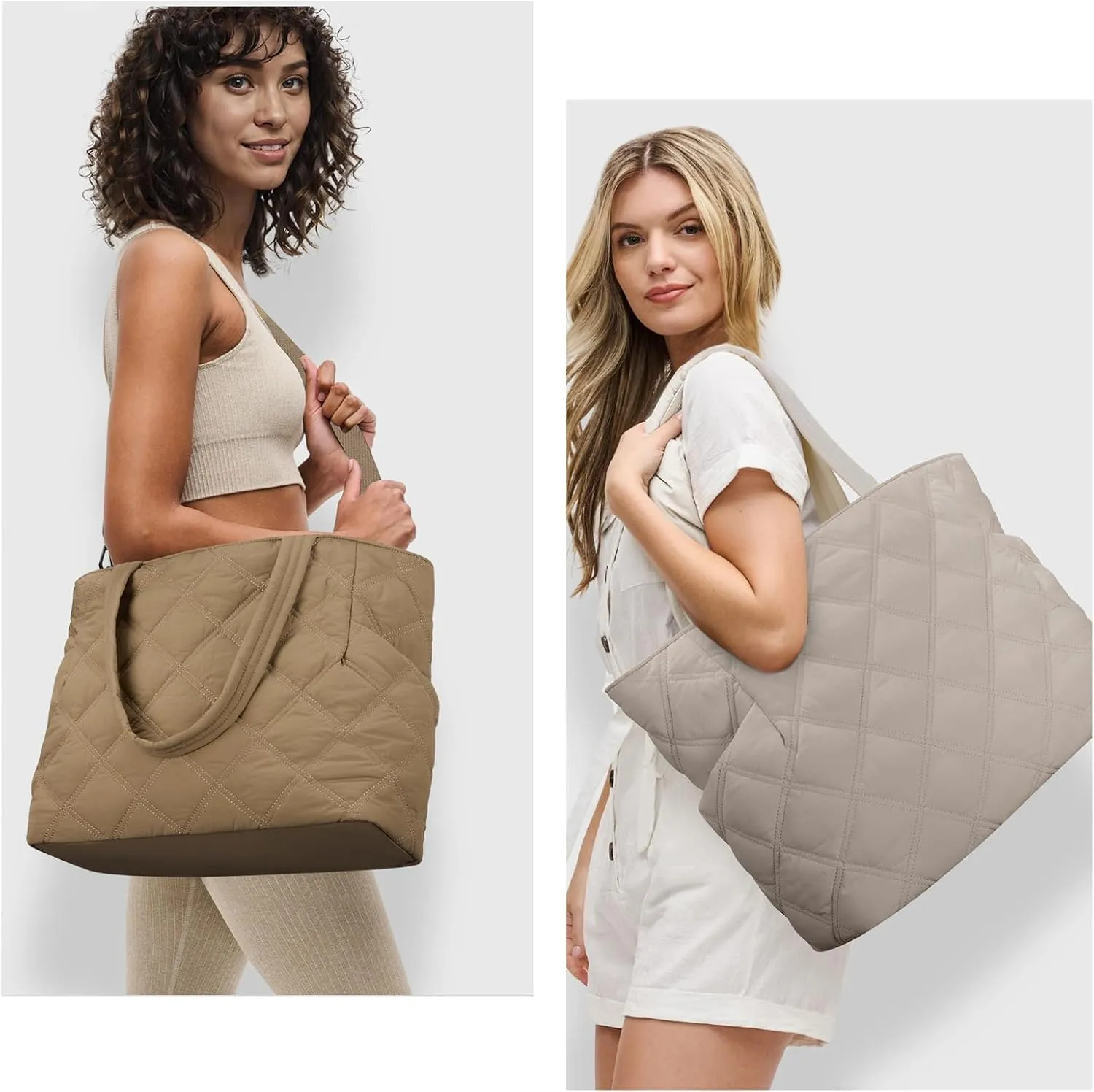 Puffer Work Tote Bag for Women, Lightweight Puffy Large Tote Bag with Compartments Shoulder Bag for Teacher Travel Gifts for Laides, Light-Grey