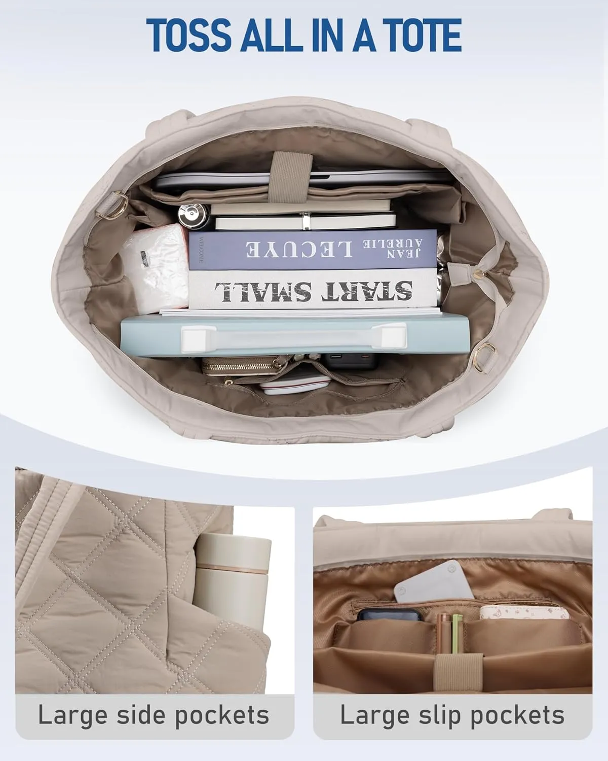 Puffer Work Tote Bag for Women, Lightweight Puffy Large Tote Bag with Compartments Shoulder Bag for Teacher Travel Gifts for Laides, Light-Grey