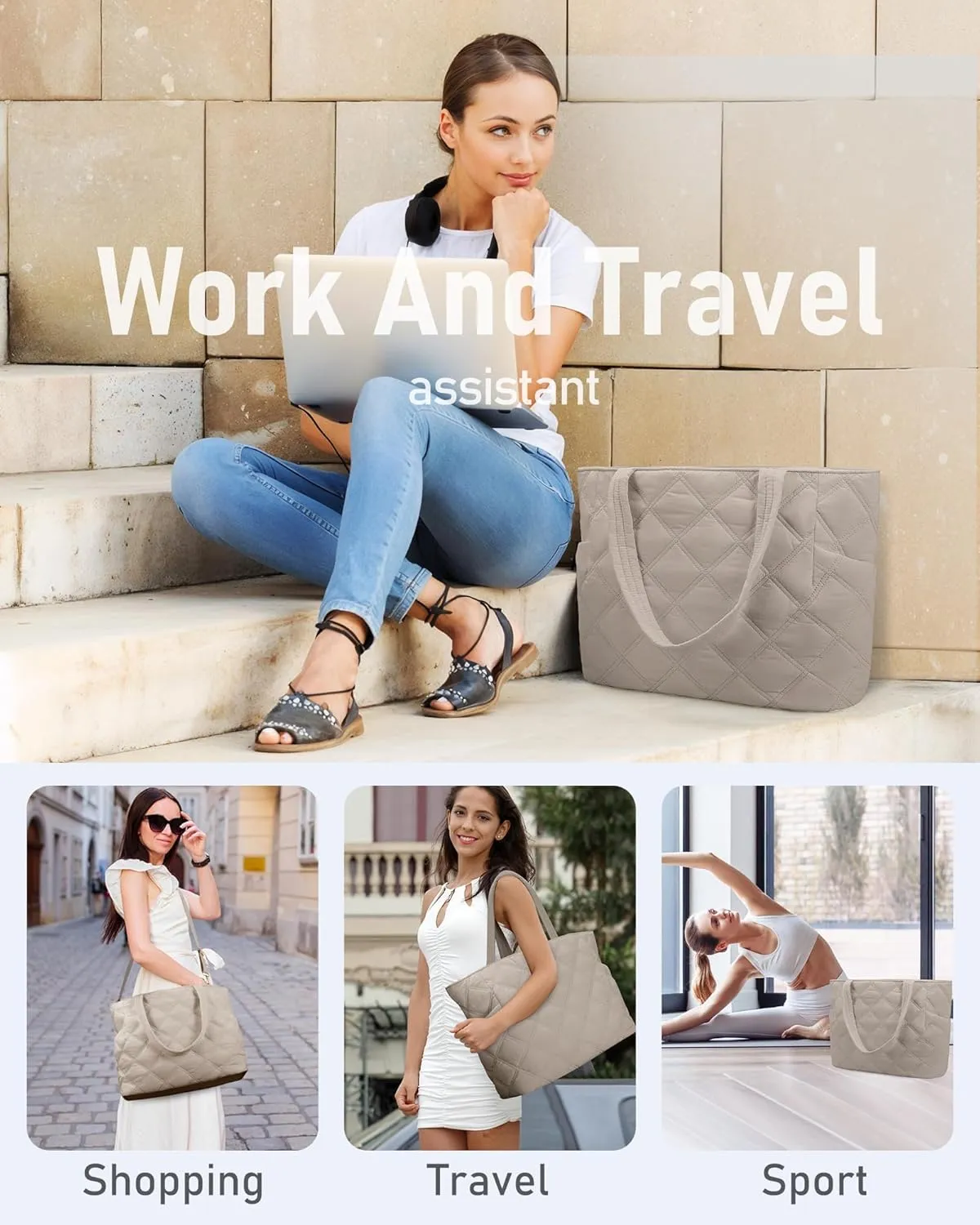 Puffer Work Tote Bag for Women, Lightweight Puffy Large Tote Bag with Compartments Shoulder Bag for Teacher Travel Gifts for Laides, Light-Grey