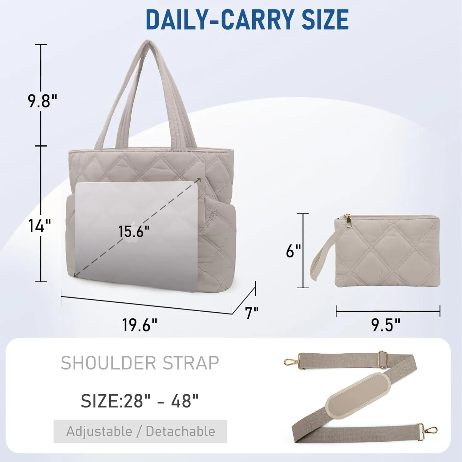 Puffer Work Tote Bag for Women, Lightweight Puffy Large Tote Bag with Compartments Shoulder Bag for Teacher Travel Gifts for Laides, Light-Grey