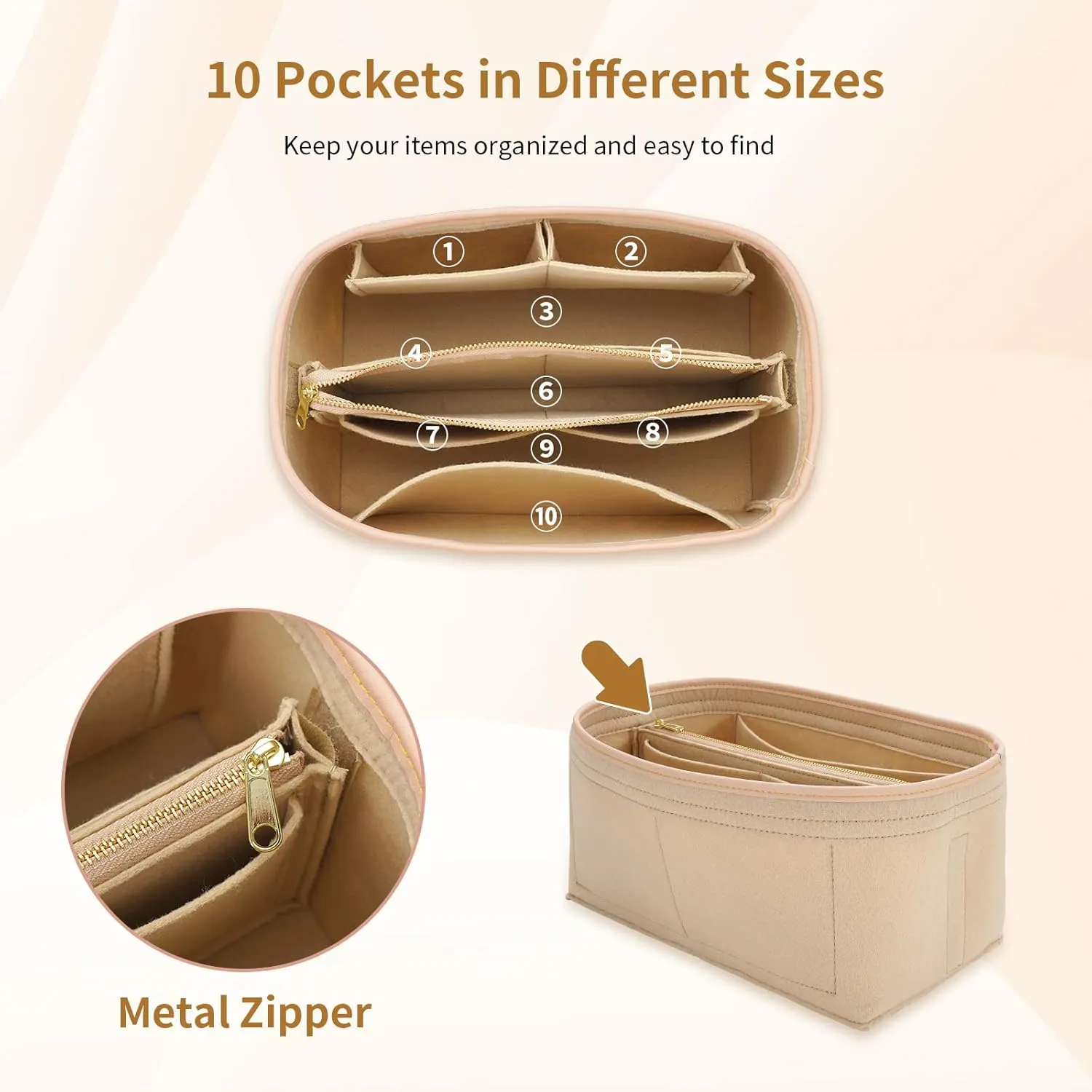 Purse Organizer & Base Shaper fit Speedy 30 & Neverfull MM , Felt Bag Organizer Insert for Handbags with Metal Zipper [Bag in Bag] (Large, Beige), KS6
