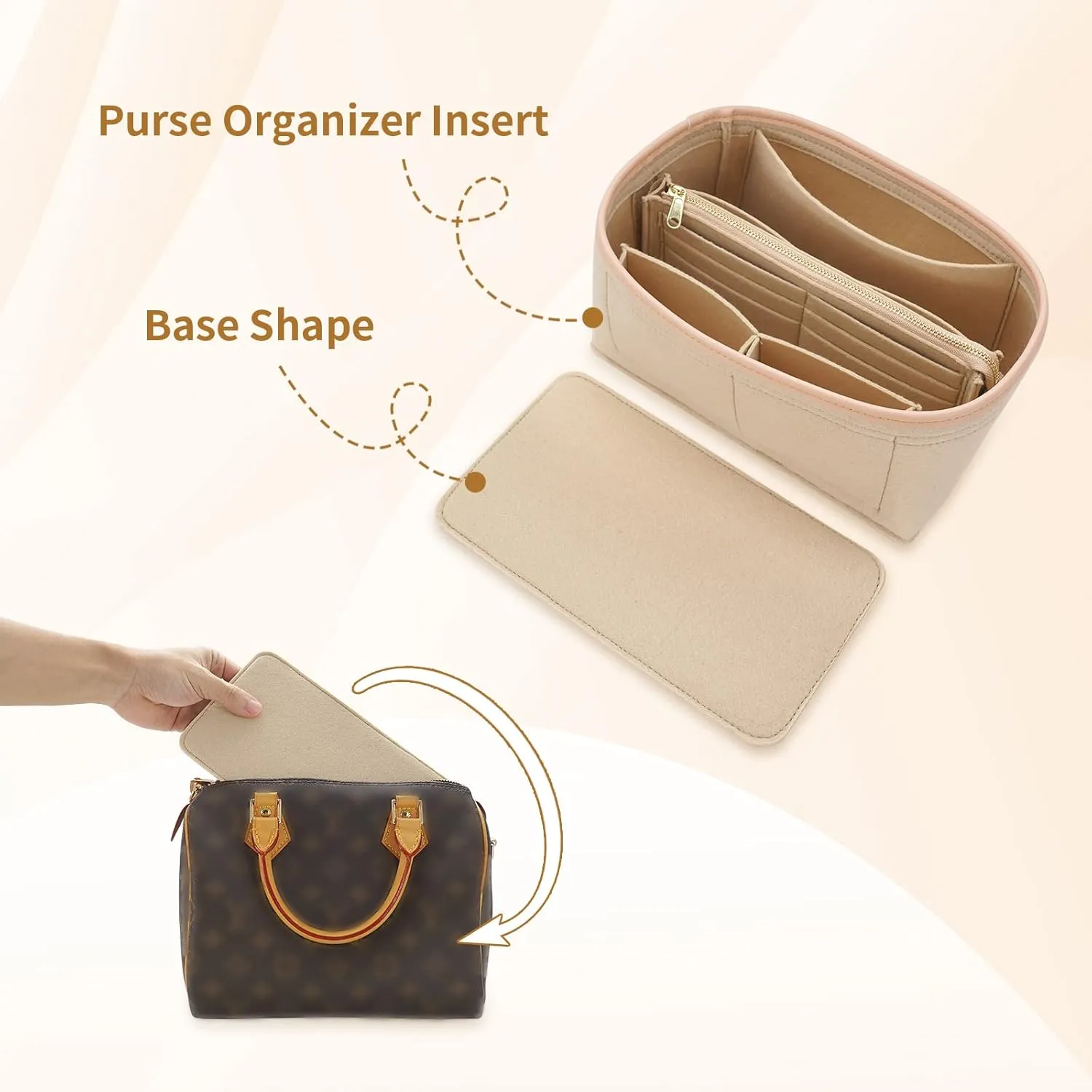 Purse Organizer & Base Shaper fit Speedy 30 & Neverfull MM , Felt Bag Organizer Insert for Handbags with Metal Zipper [Bag in Bag] (Large, Beige), KS6