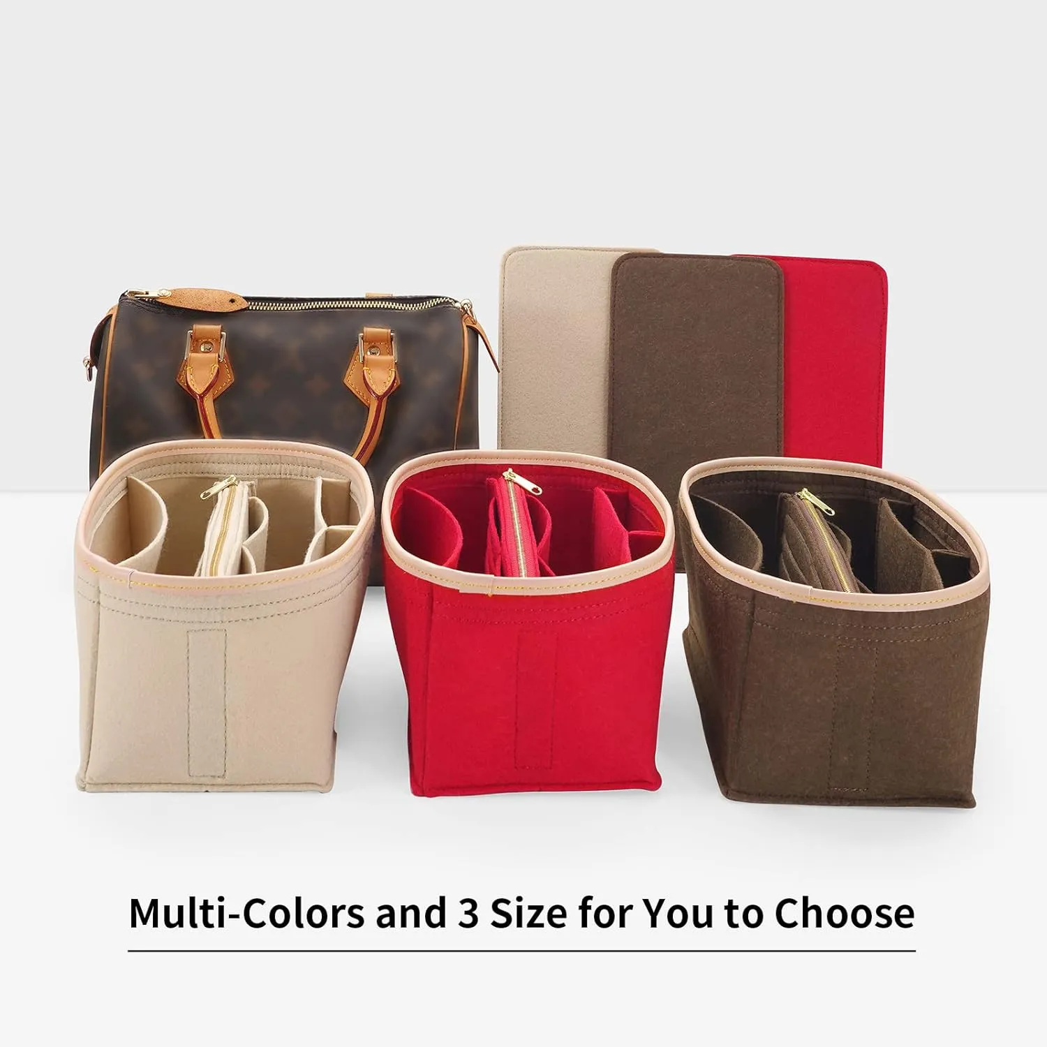 Purse Organizer & Base Shaper fit Speedy 30 & Neverfull MM , Felt Bag Organizer Insert for Handbags with Metal Zipper [Bag in Bag] (Large, Beige), KS6