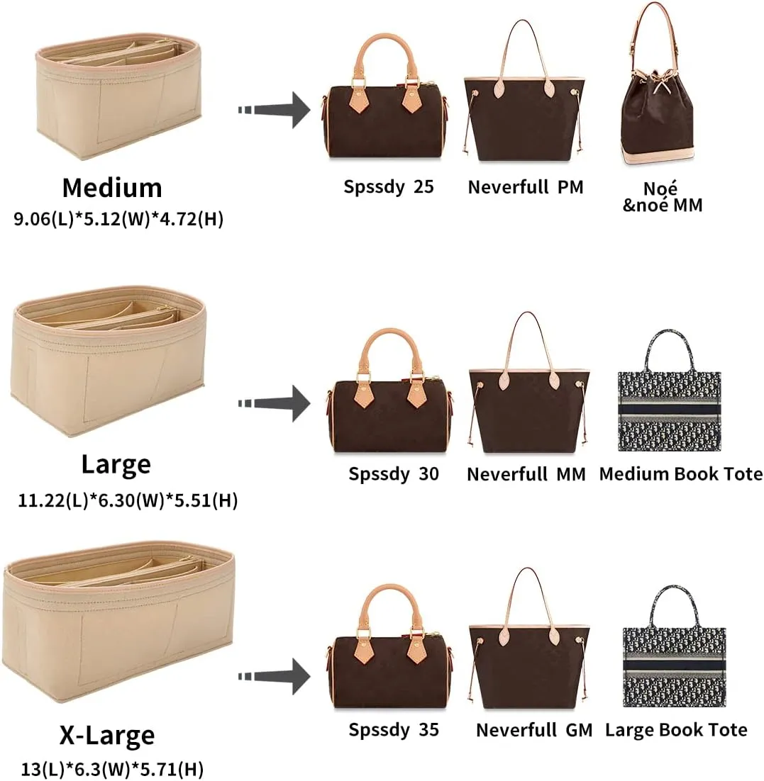 Purse Organizer & Base Shaper fit Speedy 30 & Neverfull MM , Felt Bag Organizer Insert for Handbags with Metal Zipper [Bag in Bag] (Large, Beige), KS6