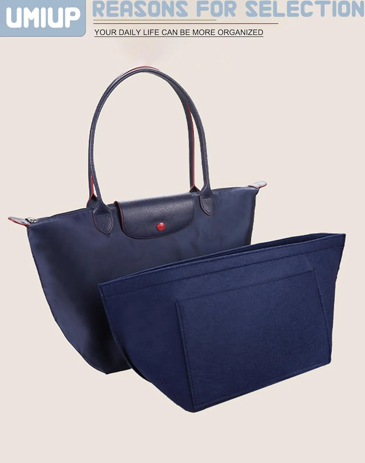 Purse Organizer Insert for Longchamp Le Pliage M Handbag Insert, Felt Handbag Organizer Insert Large Tote with Cup Holder, Bag Organizer with Zipper,8 Compartments(Blue, M10.23 * 7.87 * 5.12in)