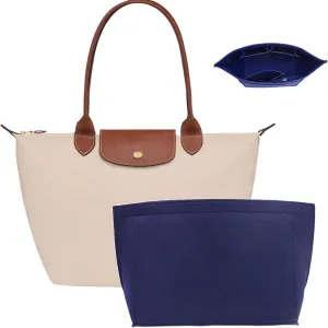 Purse Organizer Insert for Longchamp Le Pliage M Handbag Insert, Felt Handbag Organizer Insert Large Tote with Cup Holder, Bag Organizer with Zipper,8 Compartments(Blue, M10.23 * 7.87 * 5.12in)