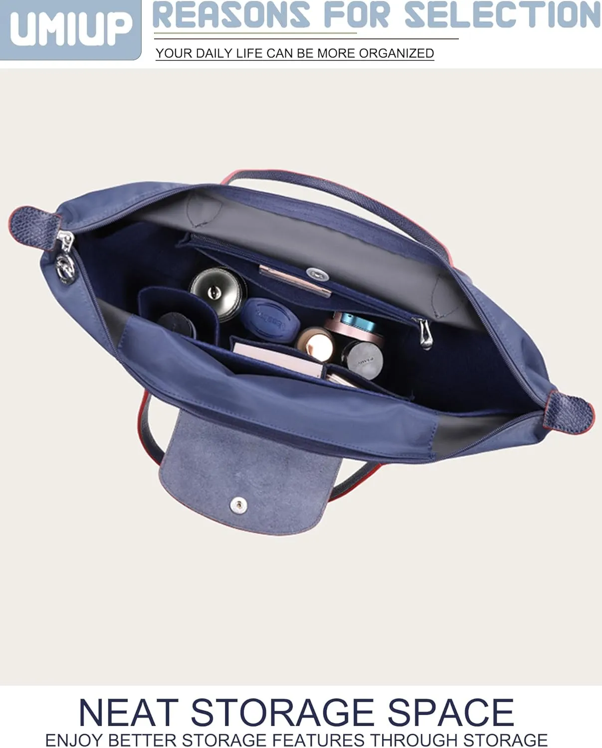Purse Organizer Insert for Longchamp Le Pliage M Handbag Insert, Felt Handbag Organizer Insert Large Tote with Cup Holder, Bag Organizer with Zipper,8 Compartments(Blue, M10.23 * 7.87 * 5.12in)