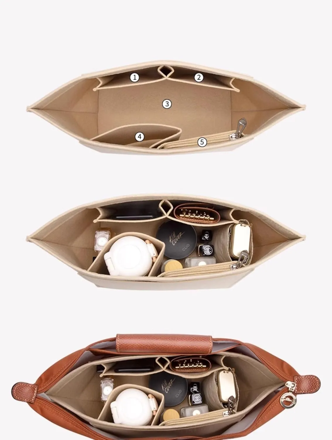Purse Organizer Insert for Longchamp Le Pliage M Handbag Insert, Felt Handbag Organizer Insert Large Tote with Cup Holder, Bag Organizer with Zipper,8 Compartments(Blue, M10.23 * 7.87 * 5.12in)