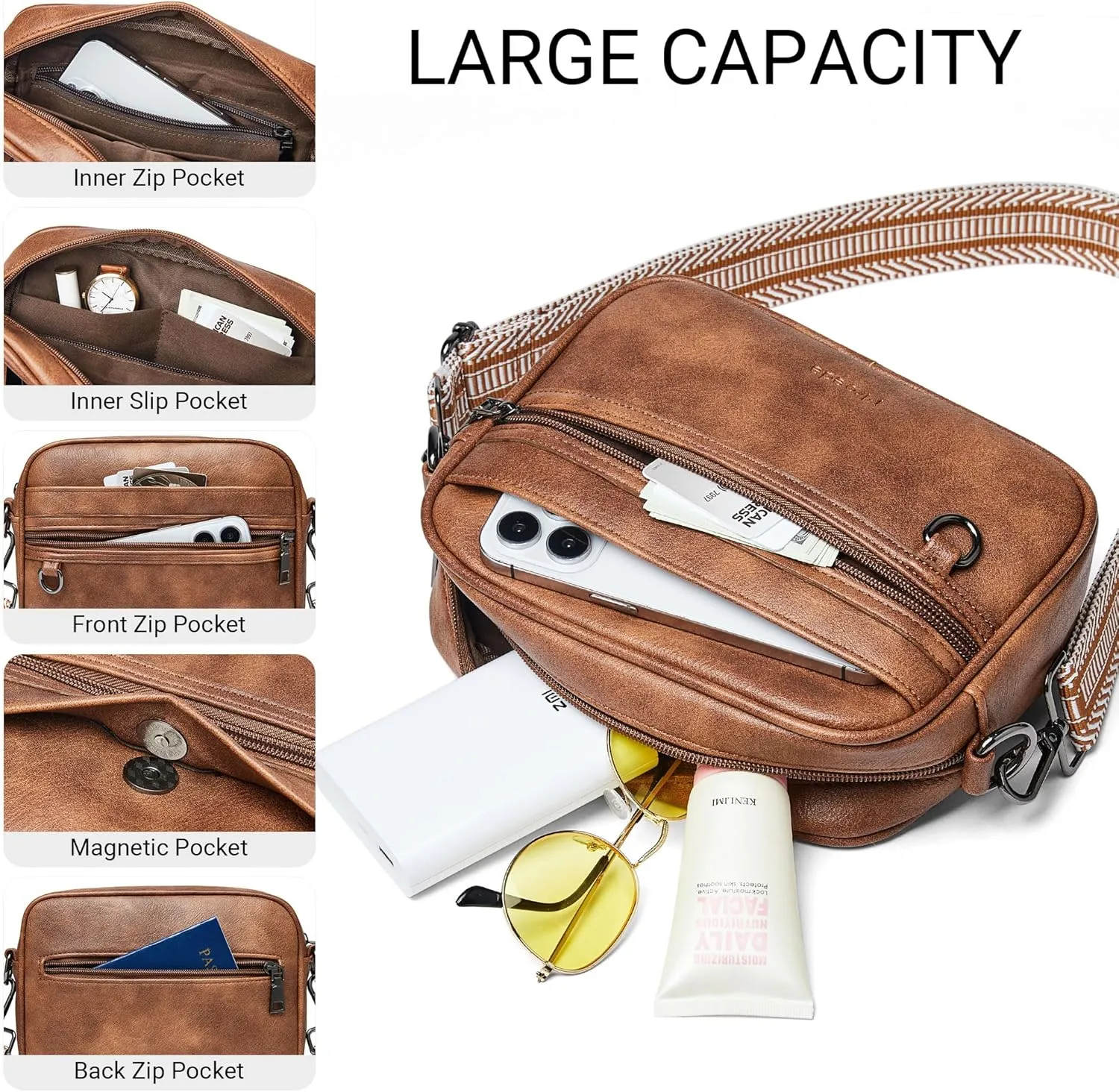 Quilted Crossbody Bags for Women 3-Pockets Crossbody Purses Vegan Leather Shoulder Handbags with Wide Strap