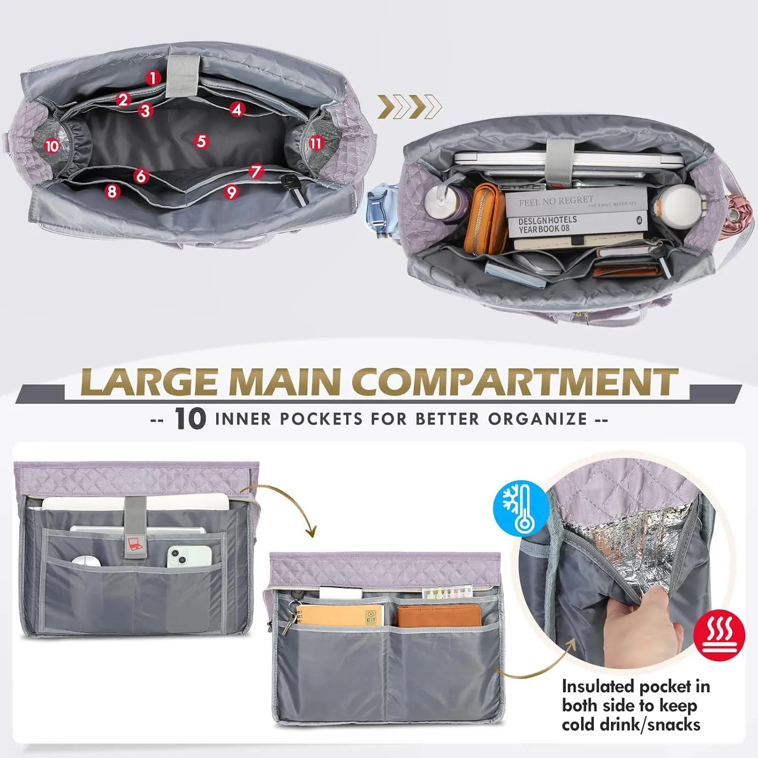 RAINSMORE Teacher Tote Bag 15.6 inch Laptop Bag for Women Work Bags Laptop Tote Nurse Bag Professional Computer Messenger with Insulated Pocket, Laptop Briefcase for Office, College, Gray Lilac