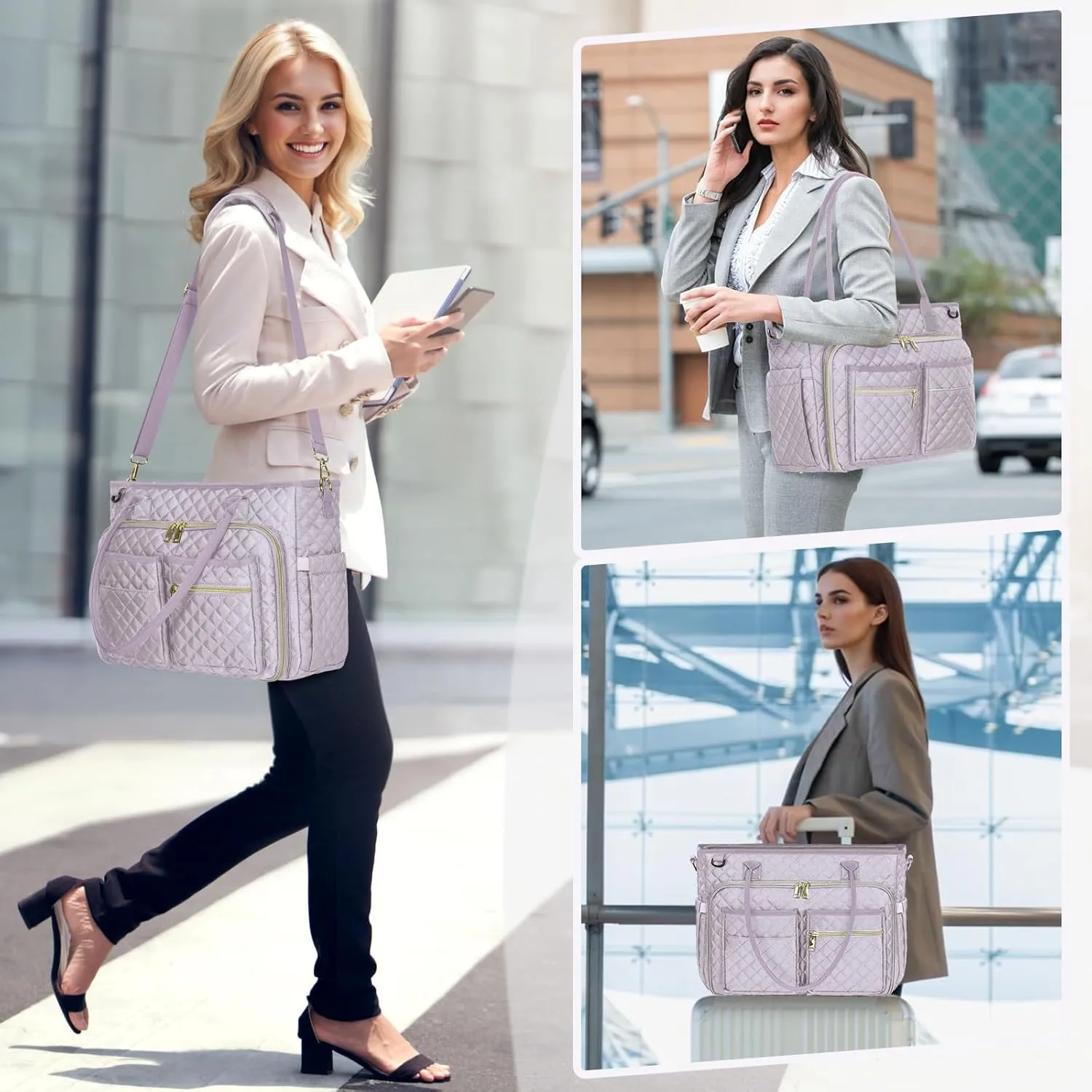 RAINSMORE Teacher Tote Bag 15.6 inch Laptop Bag for Women Work Bags Laptop Tote Nurse Bag Professional Computer Messenger with Insulated Pocket, Laptop Briefcase for Office, College, Gray Lilac