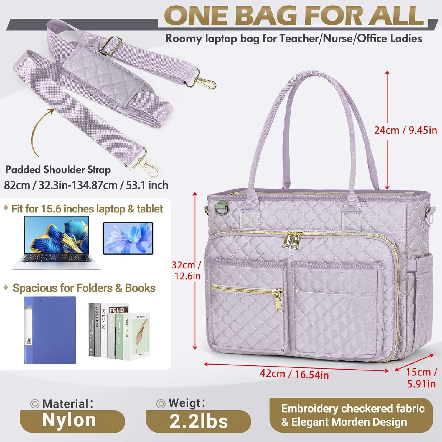 RAINSMORE Teacher Tote Bag 15.6 inch Laptop Bag for Women Work Bags Laptop Tote Nurse Bag Professional Computer Messenger with Insulated Pocket, Laptop Briefcase for Office, College, Gray Lilac