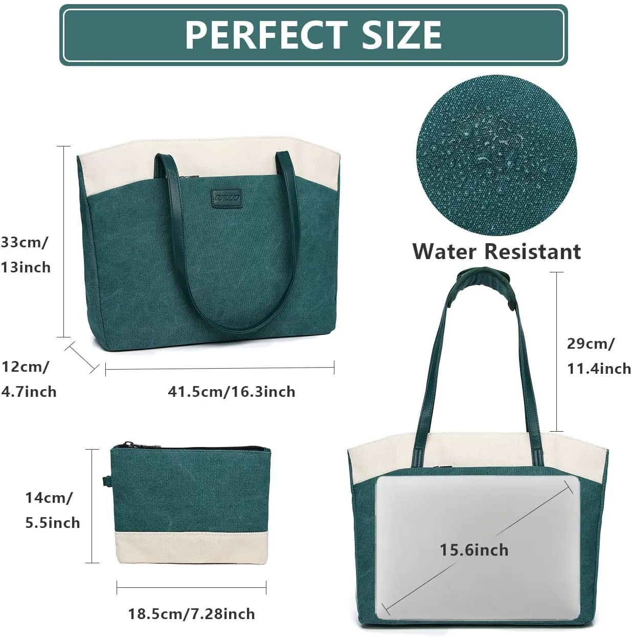 RAVUO Tote Bag for Women, Water Resistant 2PCS Set 15.6 Inch Laptop Travelling Bags Work Teacher Purse W Portable Pouch