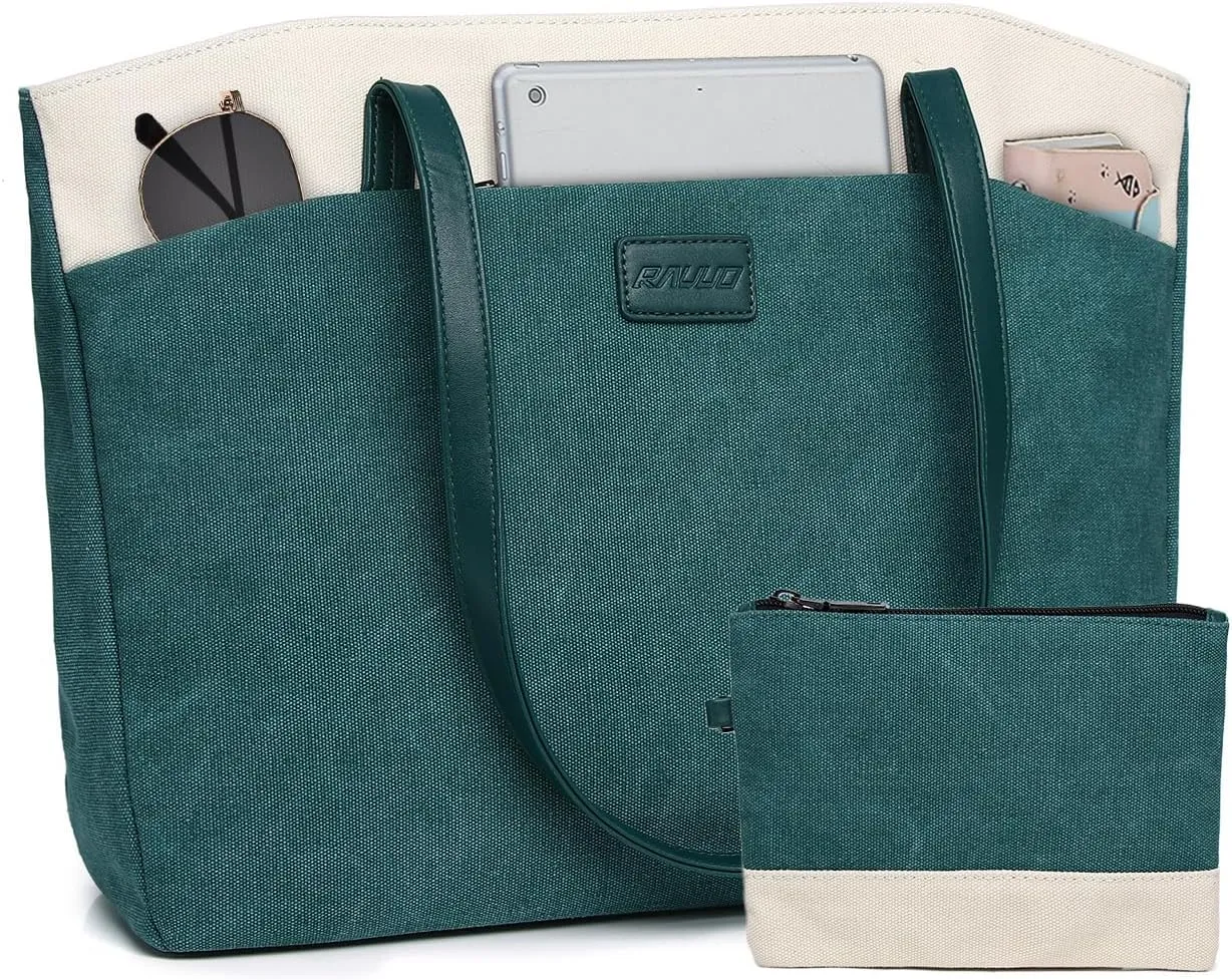 RAVUO Tote Bag for Women, Water Resistant 2PCS Set 15.6 Inch Laptop Travelling Bags Work Teacher Purse W Portable Pouch
