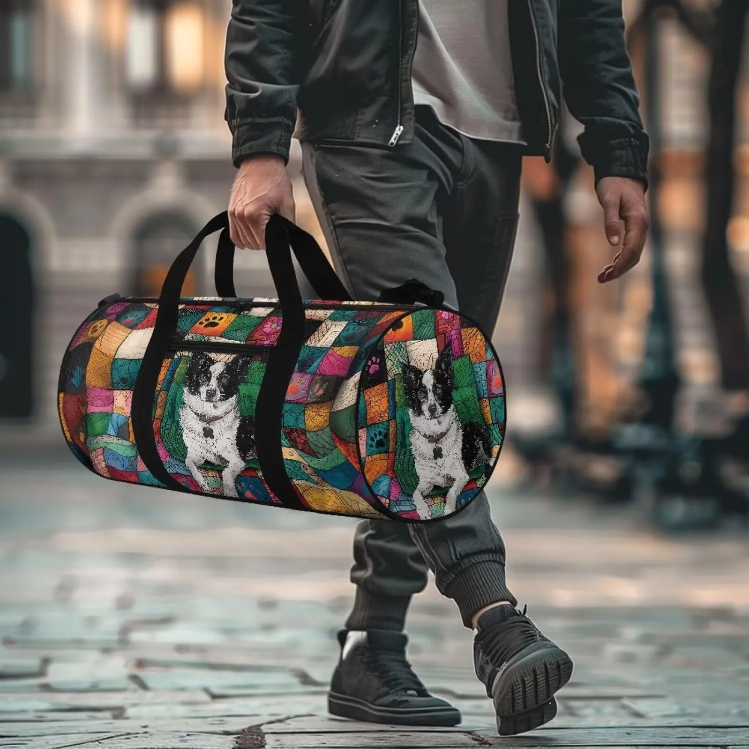 Rchsmod Border Collie Print Gym Bag for Women Abstract Design Travel Bag Tear Resistant Sports Duffel with Adjustable Shoulder Strap Large Capacity Workout Bag with Zipper Pockeet Luggage Bag