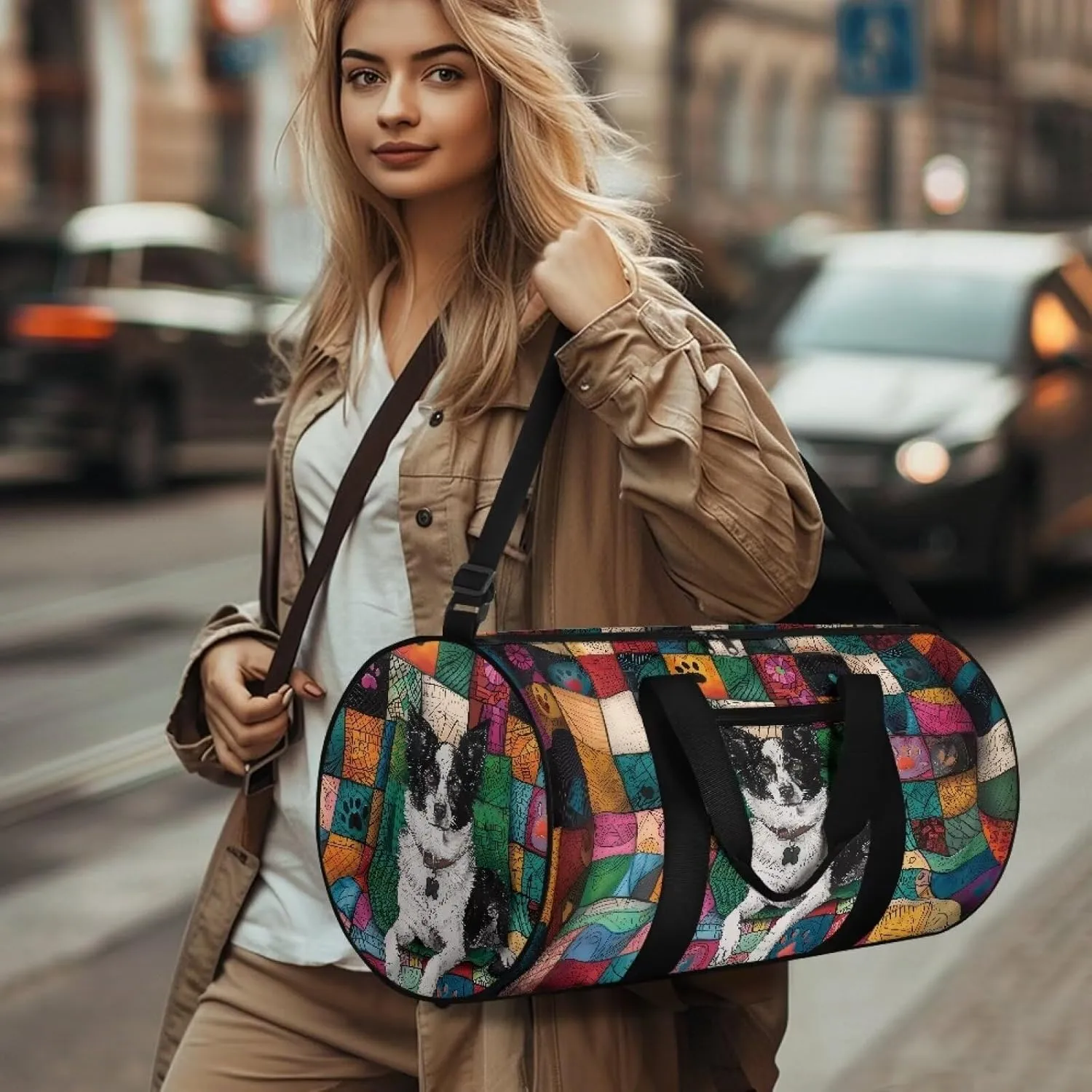 Rchsmod Border Collie Print Gym Bag for Women Abstract Design Travel Bag Tear Resistant Sports Duffel with Adjustable Shoulder Strap Large Capacity Workout Bag with Zipper Pockeet Luggage Bag
