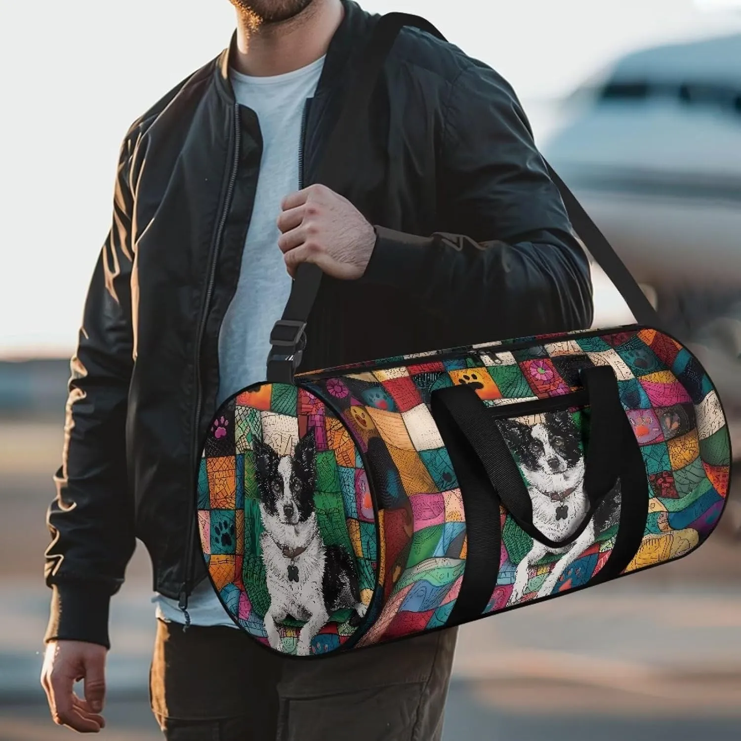 Rchsmod Border Collie Print Gym Bag for Women Abstract Design Travel Bag Tear Resistant Sports Duffel with Adjustable Shoulder Strap Large Capacity Workout Bag with Zipper Pockeet Luggage Bag